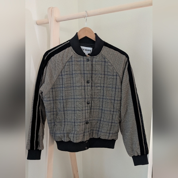 Steve Madden Women's Akiri Brown/Black Plaid Houndstooth Bomber Jacket, Sz S - Picture 1 of 9